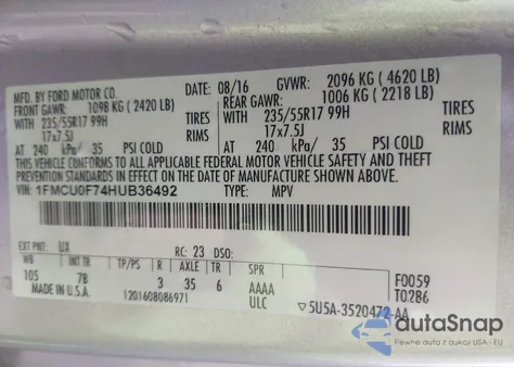 2017 Ford Escape S from USA, damaged, VIN 1FMCU0F74HUB36492